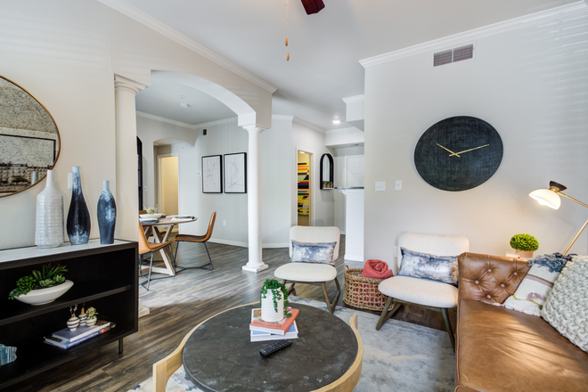 Living Room - Welcome to your new home at Irving Schoolhouse Apartments!