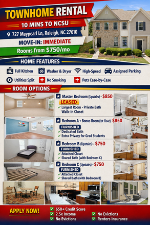  - FURNISHED TOWNHOME RENTAL – 10 Mins to NCSU - 3 Bedroom - starting $750 per room