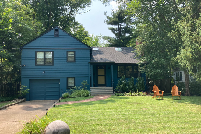 Exterior; rental entrance is to the left of the garage. Small window next to garage is rental's bathroom. - Furnished studio apt for PU graduate student/postdoc only-Morgan Place-Princeton