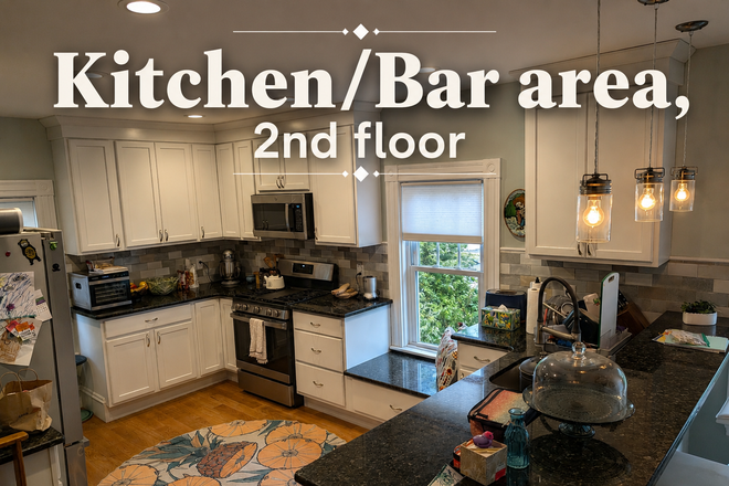 Kitchen and Bar - 3BR, 2nd/3rd Floor Unit #2 in West Medford. <2 min walk to train/bus. Each BR gets office! Apartments
