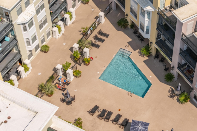 Drone Picture of Gated Pool Courtyard - The Albemarle 1Bed 1.5 Bath. Just over Ashley River Near Ripley Marina. Condo