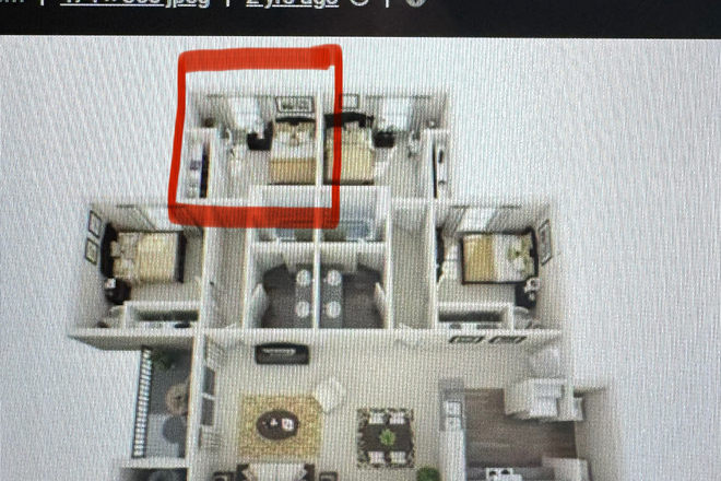 Full apartment view, with available bedroom in red box - Gateway at College Station Apartments