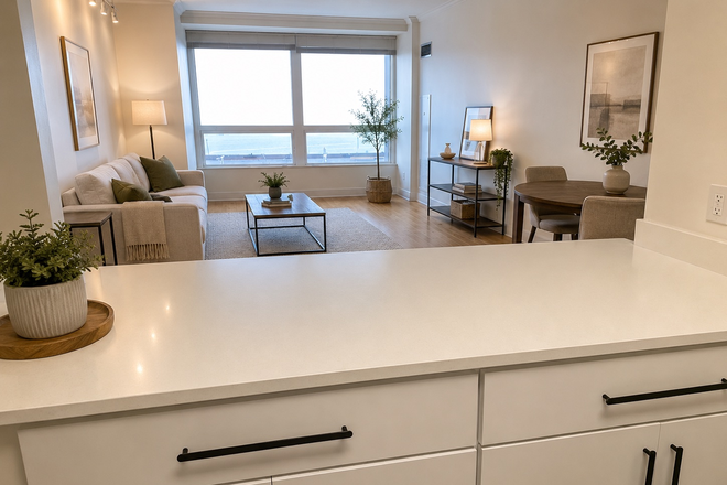 Sitting in the living room and kitchen - 37th Floor Lake View 1BR | 10 Min Walk to Northwestern University Chicago Campus | In-Unit Laundry Apartments