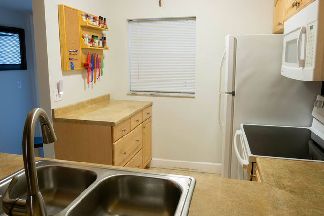 Kitchen with custom spice rack and knife storage/noteboard. - Beautiful 1/1.5 Condo for Rent