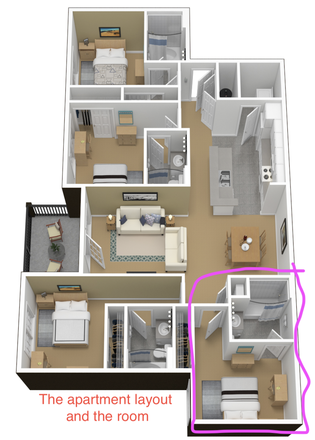 apartment and room outine - A room with a private bathroom in the courtyards starting Spring 2025 in graduate female apartme Apartments