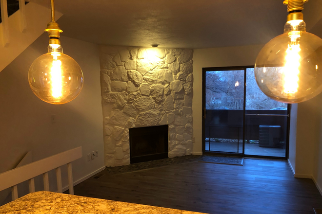 Living Room & Wood Burning Fireplace - Charming 2-3BR Across from Waneka Lake – Vaulted Ceilings, Basement, Garage Townhome