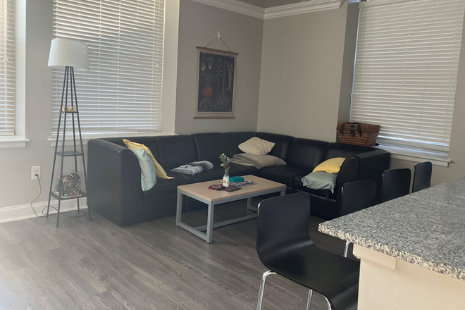 Living Room adjacent to kitchen area. Furniture pictured is included except for lamp. - University Crossings Summer Relet: Move in Early!