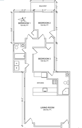 Apartment floor plan - Bedroom in 3 Bed 2 Bath (North Berkeley)