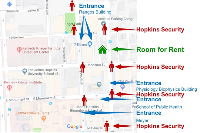 Map - one bedroom with private bathroom or shared bathroom available, 1 block to Johns Hopkins Hospital