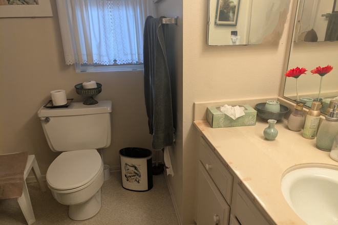 Bathroom across hall from bedroom; tub and shower are not shown but are to the left. - Room/bath/separate entrance in pleasant home filled with music