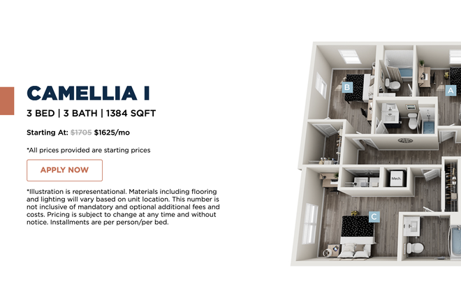 Apartment Layout - The Standard Camilia I Private Bed Bath and Closet, Shared Kitchen January through July lease