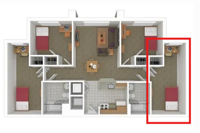 Bedroom - South Campus Commons 1 Apartment, Floor 3
