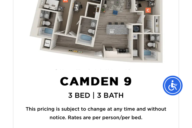 Lease transfer for Camden 9 floor plan in a male or female unit - The Standard at Coral Gables Apartments