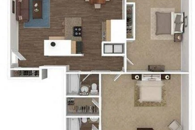 Floor plan. Tenant would have bedroom in top left and private separate bath. - Remy Apartments