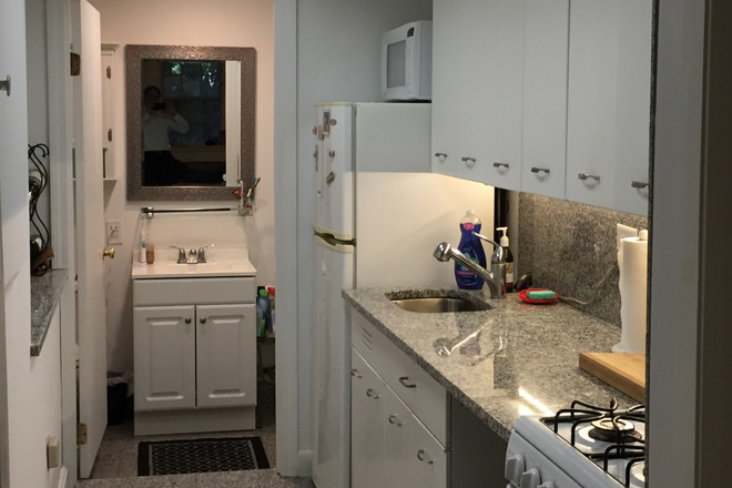 Gallery kitchen with granite floor and counter tops - Garden apartment