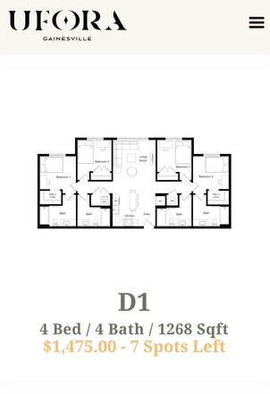 Apartment layout. Bedroom for sublet is Bedroom 4. Will upload better pictures once building sends me them! - 4x4 Apartment 1 bedroom available right next to campus!