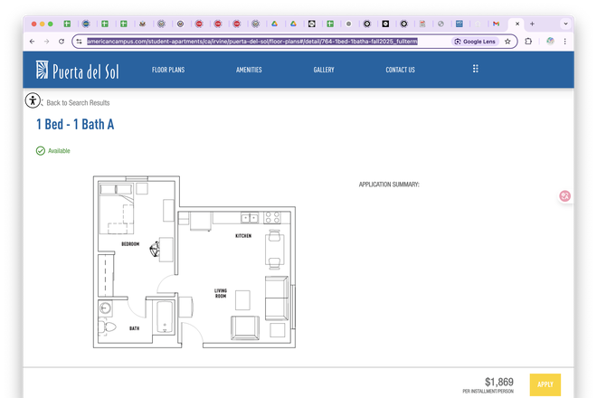 Floor Plan - Puerta del Sol 1B1B Apartment Summer Sublease/Sublet 1 month