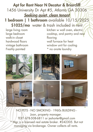 Flyer - seeking quiet tenant for spacious 1br Apt close to Emory