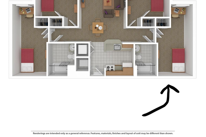 Note: The bathroom will be yours exclusively. - South Campus Commons Three Single Room (Single bathroom, kitchen, and common-room) Apartments