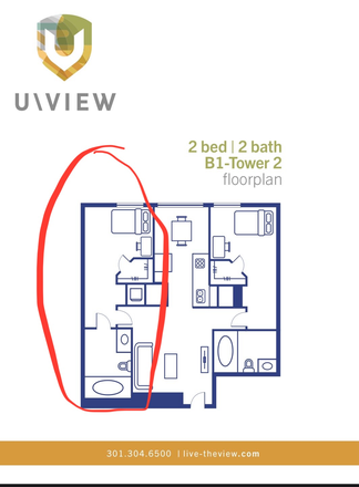 The circled bedroom/bathroom is the one that is being subleased. - Private Bedroom at the University View, close to campus Apartments