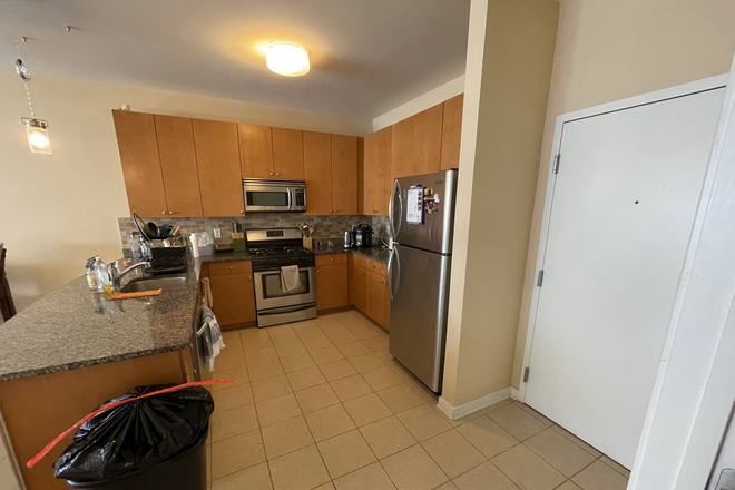 Kitchen and entrance door - Furnished Spacious BR, Private BA, In-unit W/D, Central AC - Summer Sublet Village Lofts Apartment