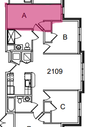 Bedroom is highlighted. Kitchen, living space, and bathroom are shown. - South Campus Commons 2