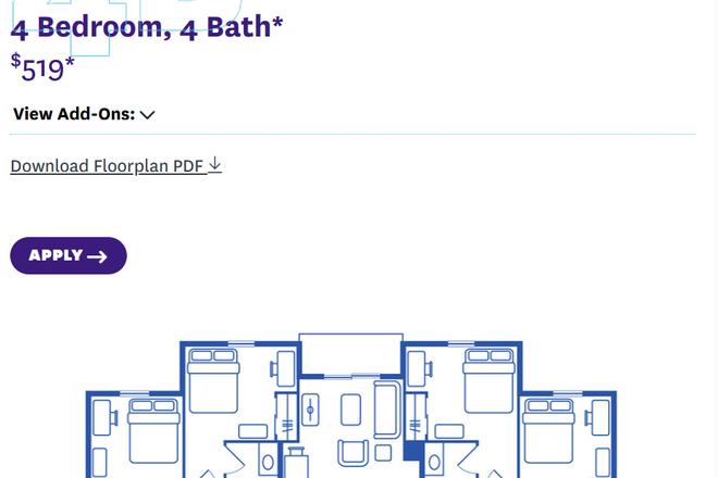Floor plan for 4 bed 4 bath - Alight Birmingham, close to campus