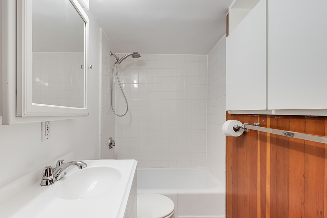 Bathroom wood paneling and tile - Architect-designed studio apartment on Beacon Hill in 3-unit building