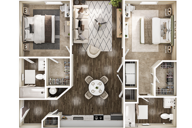 Floorplan (Ours is flipped, you have the left bedroom in the pic but it is on the right side of our unit) - Society 865 1 Bed + Private Bath in 2x2 – Lease Takeover
