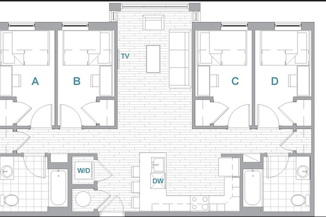 Unit layout. Your room will be room D. - Landmark Apartments