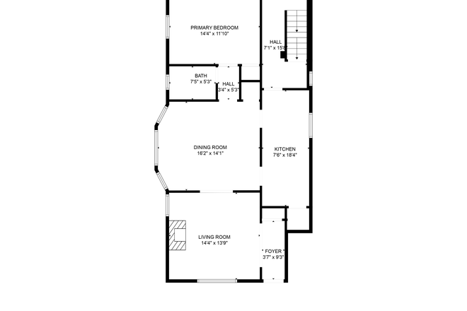 first floor floor plan: full kitchen; 1 of 3 full bathrooms; 2 bedrooms and common area - 1920 Wayland Avenue House