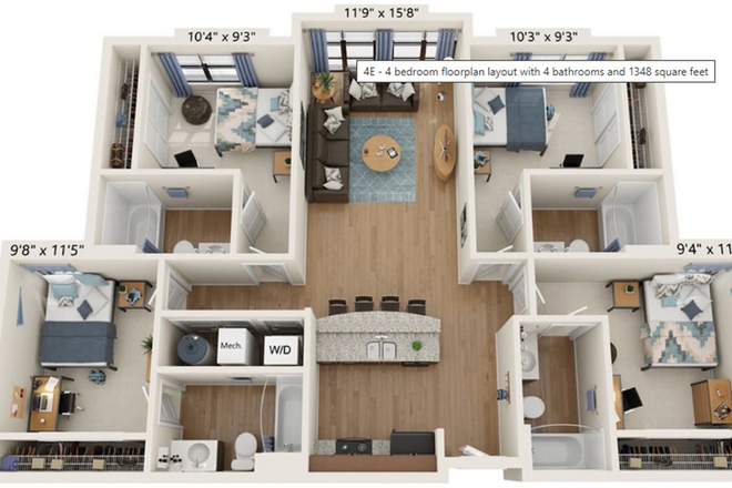 overlay of unit - 1bedroom-1bath in 4BHK unit, furnished, lease renewal offered, on shuttle route, value for money Apartments