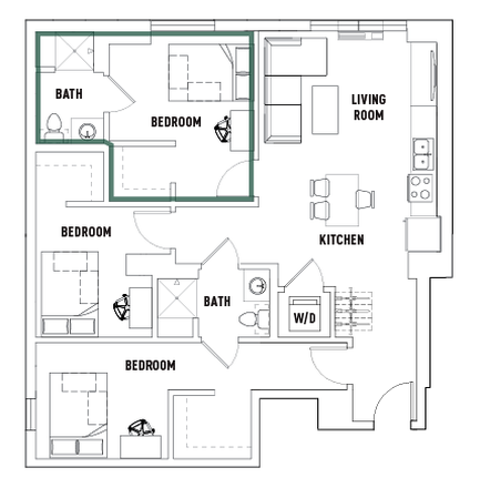 Highlighted Unit - The 515, single room with private bath in 3 bed apartment.