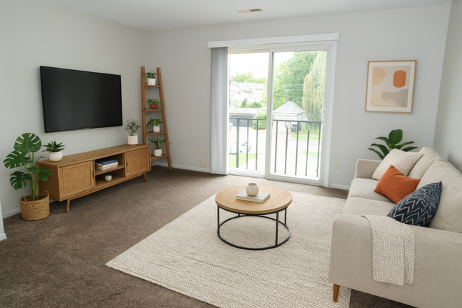 Living Room - looking toward private deck. - Close to UNMC Nebraska Medicine and Blackstone Entertainment District Apartments
