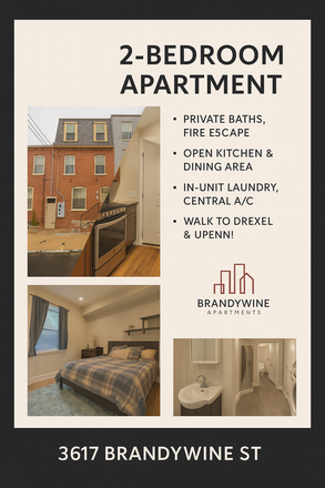3617 Brandywine Apt 1 Flyer - Modern 2-Bed, 2-Bath Bilevel Near Drexel & UPenn — Private Baths + Prime Location - Available 9/1/26