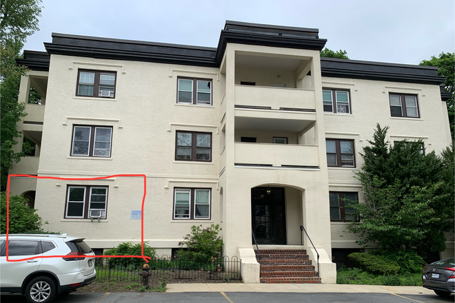 This is the exterior of the building and the room is circled in red. There is an Entry Mailbox area, then the locked doors to the apartments - Allston/Boston Room for rent near Harvard Ave./T-stop corner. Apartments