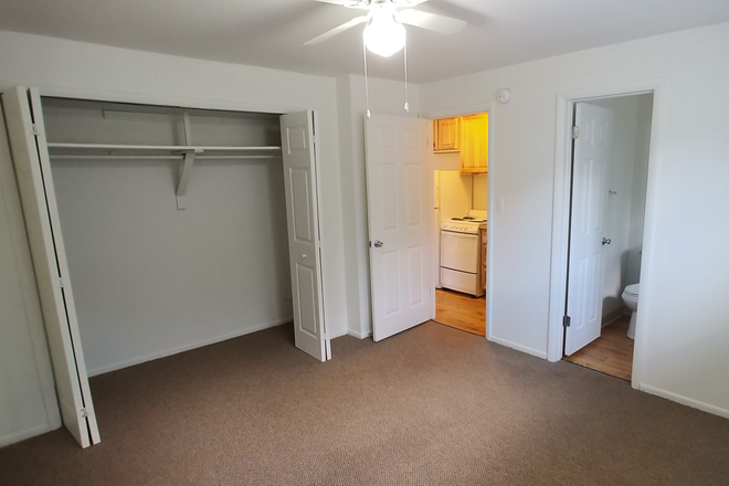 View of closet (left), kitchen (middle), and bathroom (right) from the bedroom - Pet-friendly 1BR/1B apartment next to campus