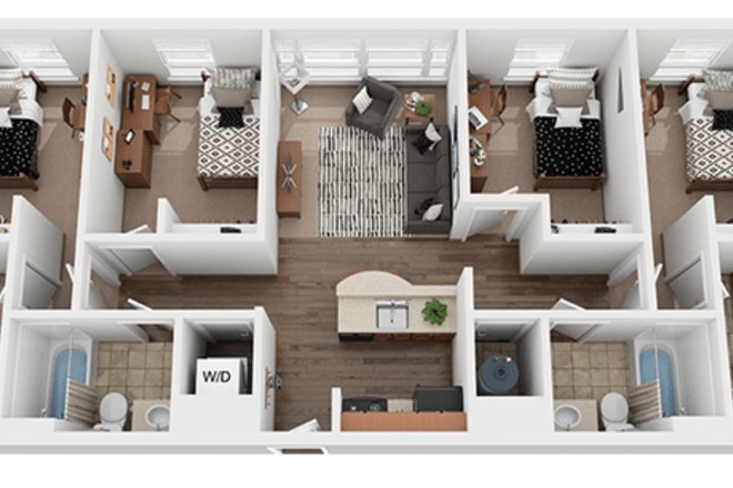 floor plan - room for lease is on the right with private bathroom - Valentine Commons Sublease – Private Bed/Bath, Stylish Kitchen & Shared Living Room