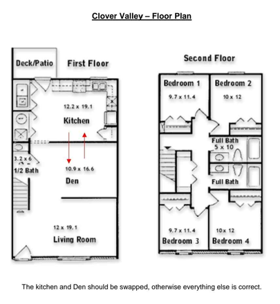 Floorplan - 2 Rooms available in a 4Bed 2.5bath townhouse