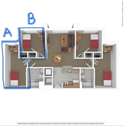 Bedroom A is my current bedroom that I am trying to sublet. Bedroom B is also available if anyone else is interested! - South Campus Commons Building 5 (4 Bedroom x 2 Bathroom) Apartments