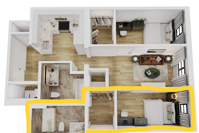 Whole unit floor plan, the part in yellow is the bedroom available for sublease. - Revive 318