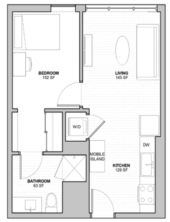 Floor Plan (Actual Unit is inverted) - RISE Apartments - 1Bed 1Bath near campus