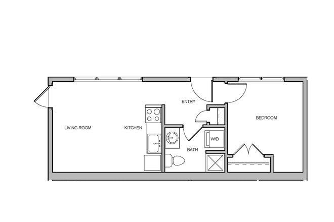 Floor plan of 1BDR 1 BRM apartment - Newer, one bedroom, quiet, private