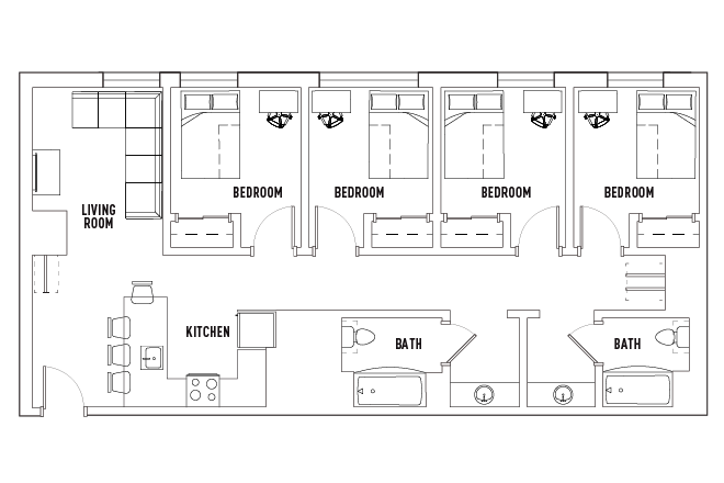 Floor Plan of the Apartment - Lightview Private Bedroom in 4 bed/2 bath apartment