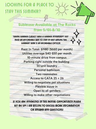 Sublease Flyer with Information - The Rocks, Student Living Apartment Complex