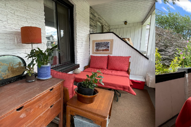 A furnished porch. The pass-through window to hand off food and beverages is handy for entertaining. - Furnished 3 Bedroom Leslieville Home