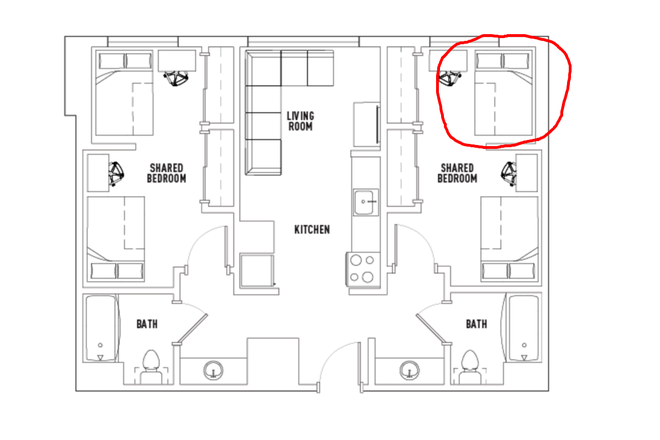 Floorplan (Circled red will be your bedspace) - Lightview 2 bed 2 bath A (B2 bedspace [closest to the window])