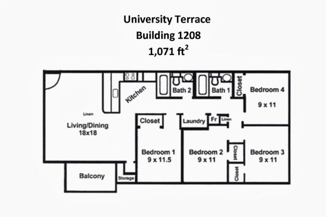 Floorplan of appartment, Bedroom 4 is available. - University Terrace sublease, 5 minutes from campus Apartments